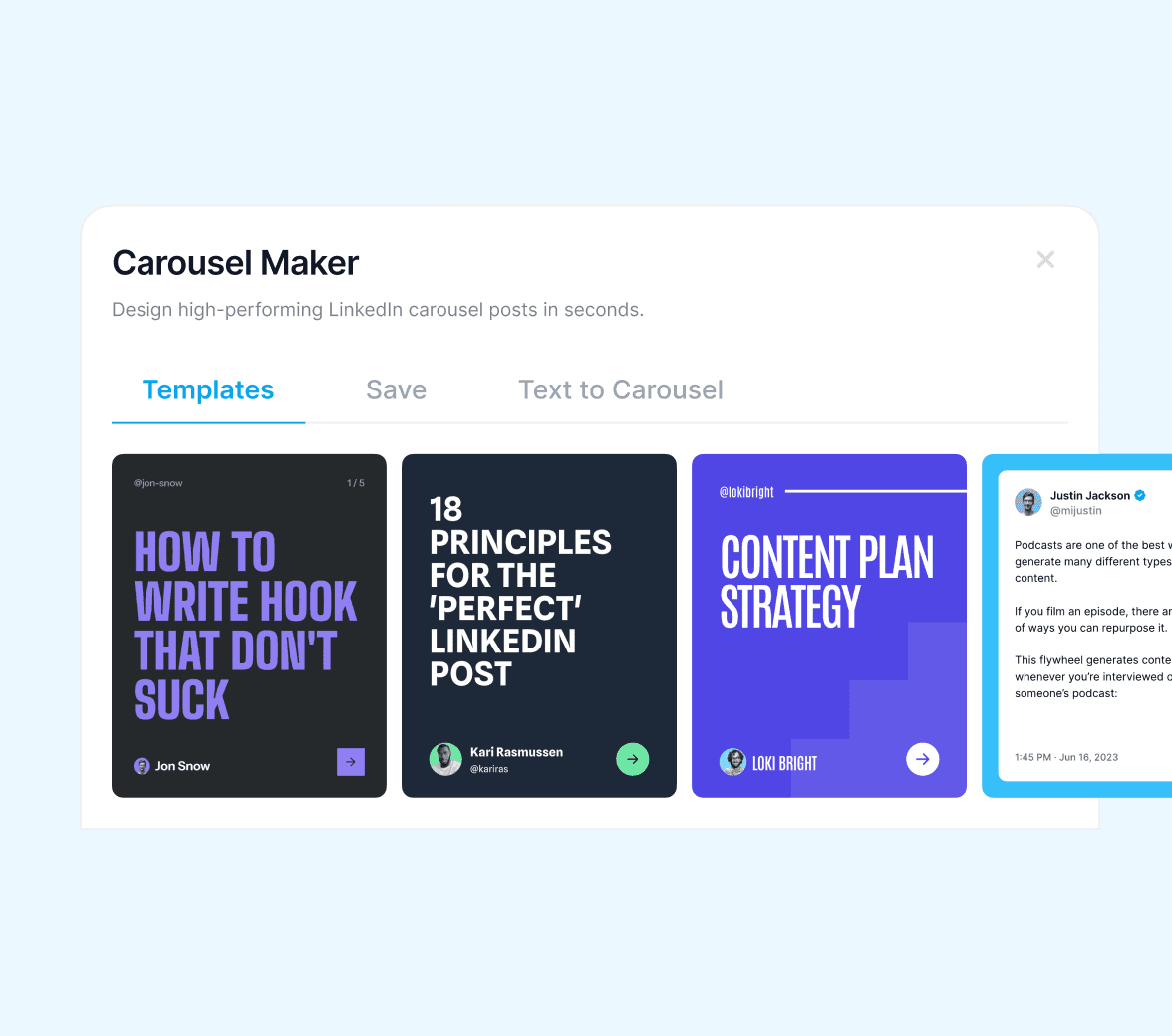 Supergrow Carousel Maker with template cards and Templates, Save, and Text to Carousel tabs