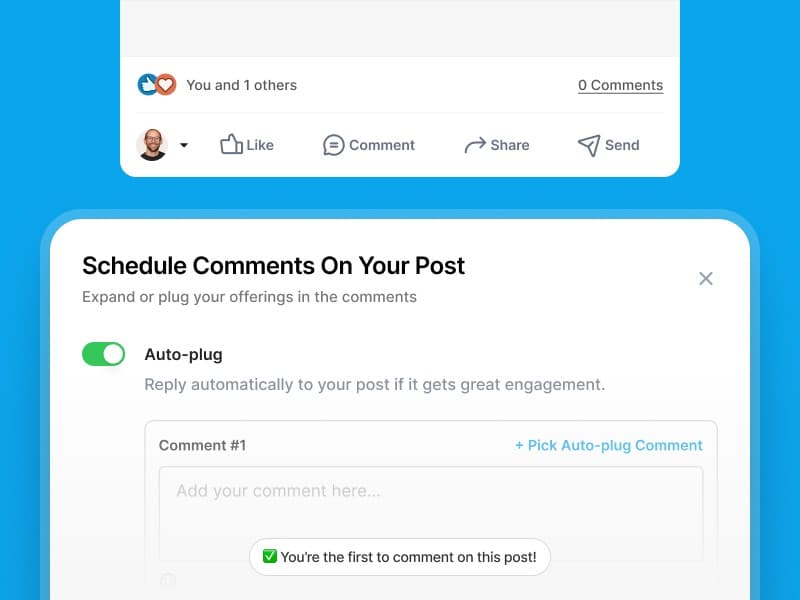Supergrow first-comment scheduler adding a follow-up comment to a LinkedIn® post