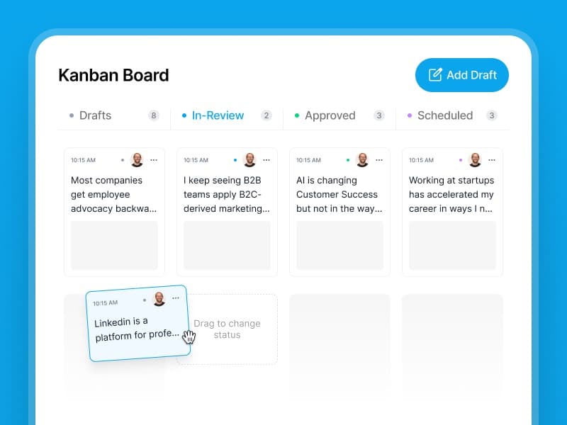 Supergrow Kanban board tracking LinkedIn® posts through draft, review, approved, and scheduled stages