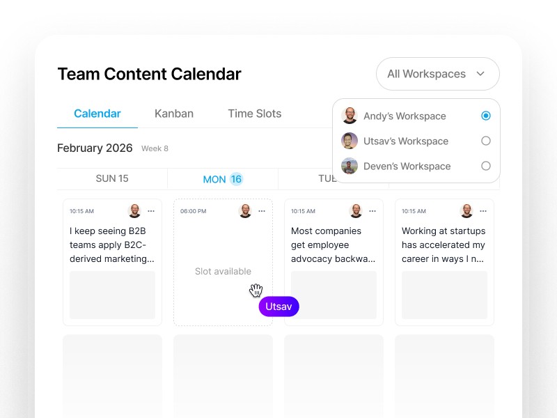 Supergrow team content calendar with open slots across member workspaces