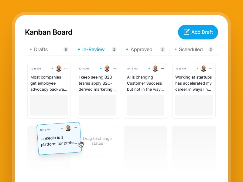 Supergrow Content Board with draft, in-review, approved, and scheduled columns